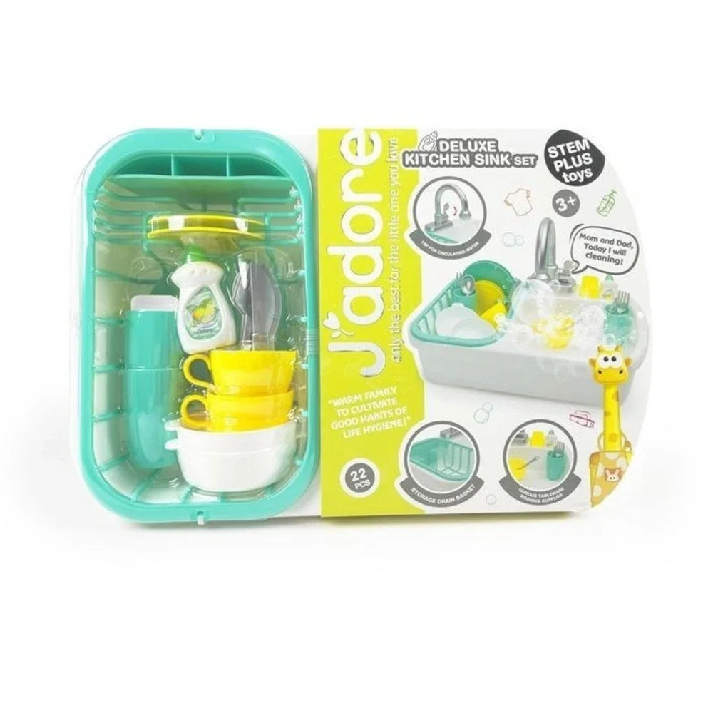 J'Adore Kitchen Sink Play Set 22 Piece Working Faucet with Flowing Water Toddler - Picture 2 of 6